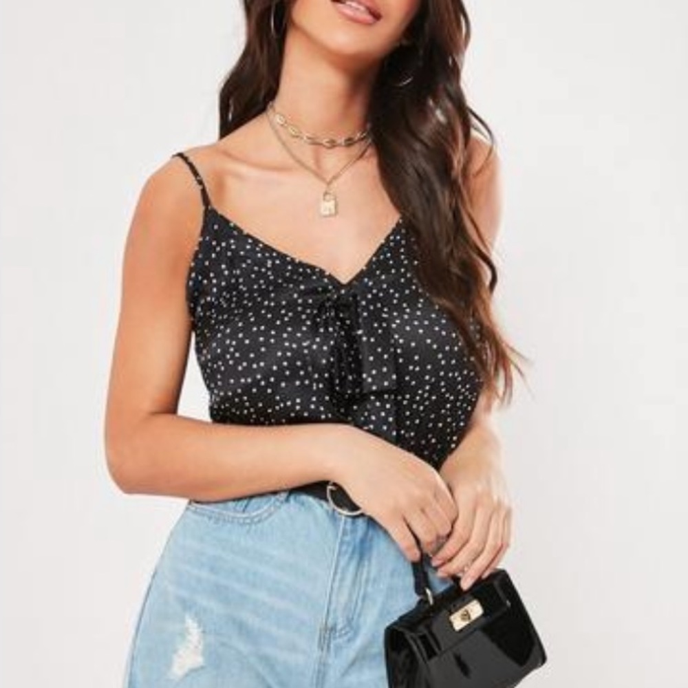 Black Polka Dot Tie Front Satin Bodysuit